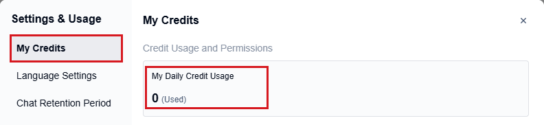 Analytics Settings & Usage dialog, with My Credits and My Daily Credit Usage highlighted in red.