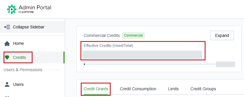 Admin Portal with Credits, the Used/Total summary and Credit Grants highlighted in red. Account figures are hidden.